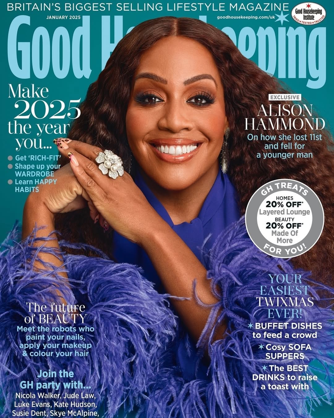Alison Hammond wearing a custom BLB wig on the January 2025 cover of Good Housekeeping.