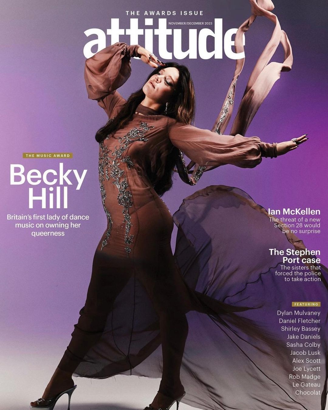Becky Hill wearing a custom brunette BLB wig for Attitude.